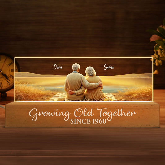 Growing Old Together Personalized Acrylic Block LED Night Light, Anniversary Birthday Gift For Husband, Wife, Old Couple, Parents