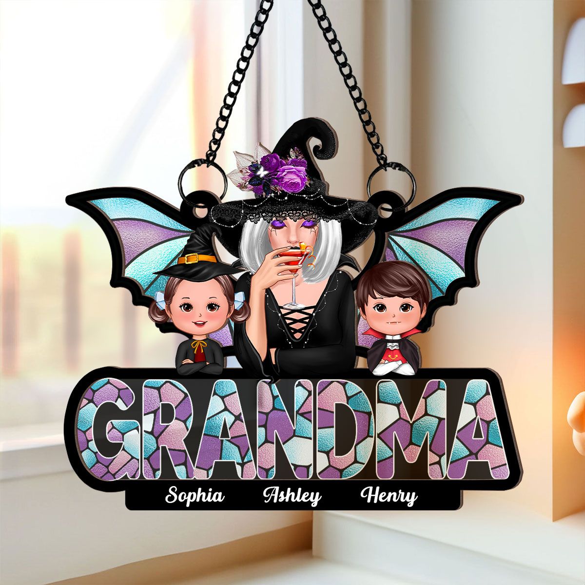 Halloween Grandma And Grandkids On Text Personalized Suncatcher