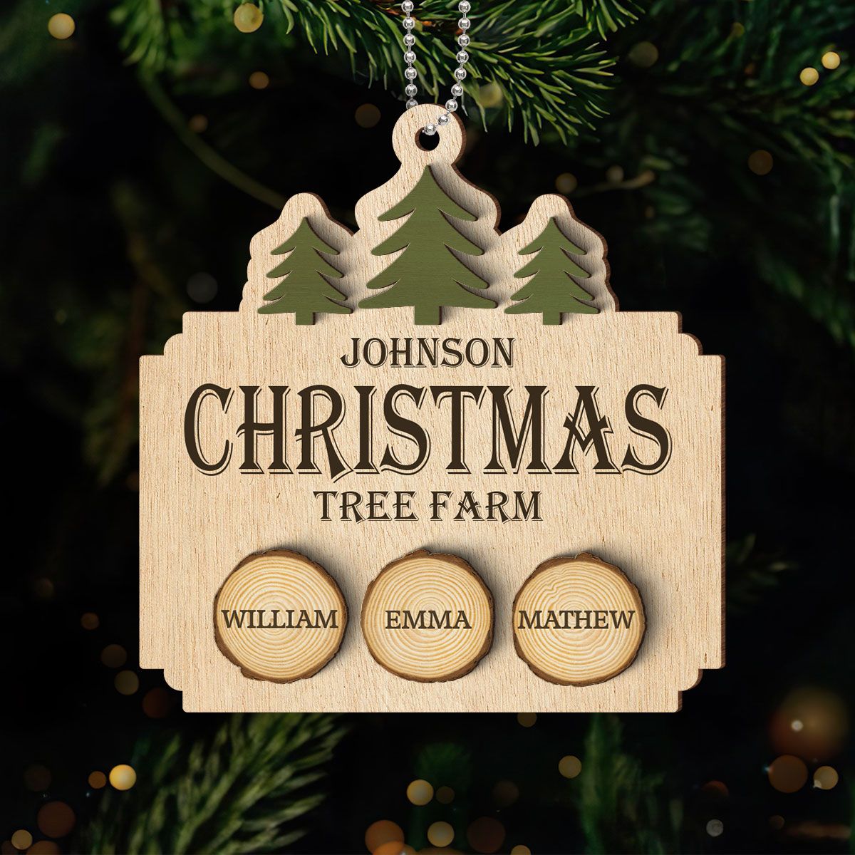 Christmas Tree Farm Family Wood Slice Personalized 2-Layer Wooden Ornament