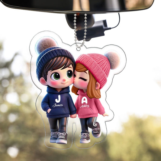 Cute Cartoon Couple Walking Personalized Car Ornament, Gift for him, Gift for her