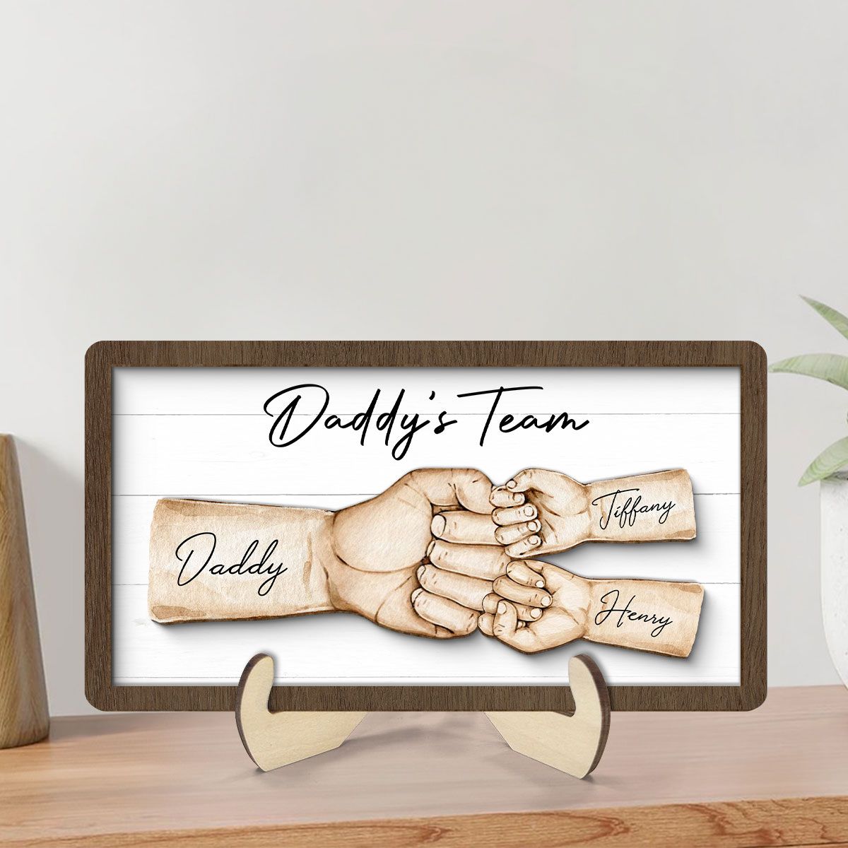 Daddy's Team Fist Bump Personalized 2-Layer Wooden Plaque