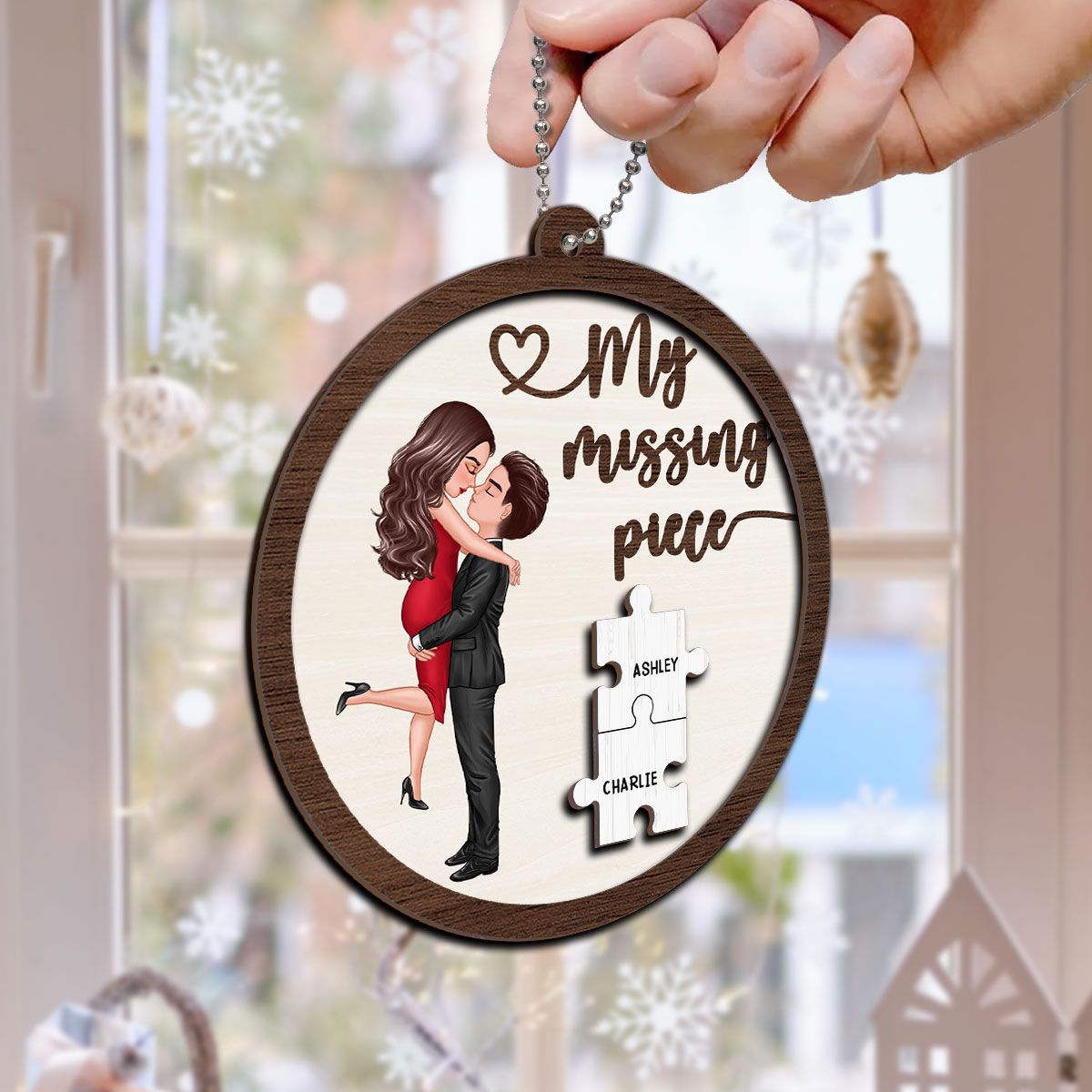 My Missing Piece Couple Hugging Kissing Personalized 2-Layer Wooden Ornament