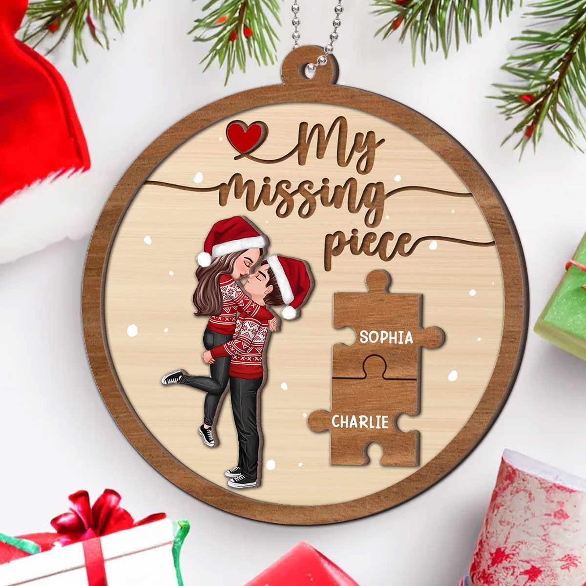 My Missing Piece Couple Hugging Kissing Christmas Personalized 2-Layer Wooden Ornament