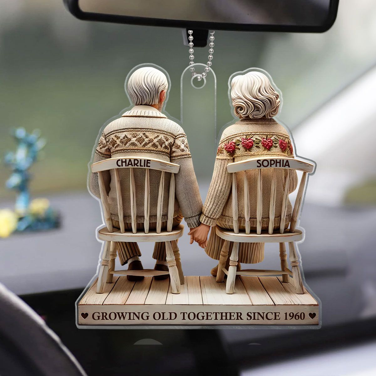 Couple Sitting Holding Hands Growing Old Together Personalized Acrylic Car Hanger Ornament, Heartfelt Valentine's Day Gift For Couple, For Him, For Her, Husband, Wife