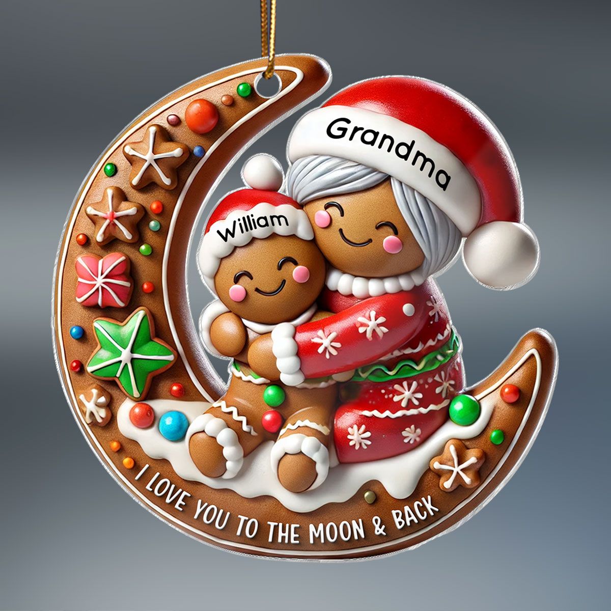 Gingerbread Grandma Hugging Grandkid On Moon Christmas Personalized Acrylic Ornament, Meaningful Gift For Granddaughter, Grandson