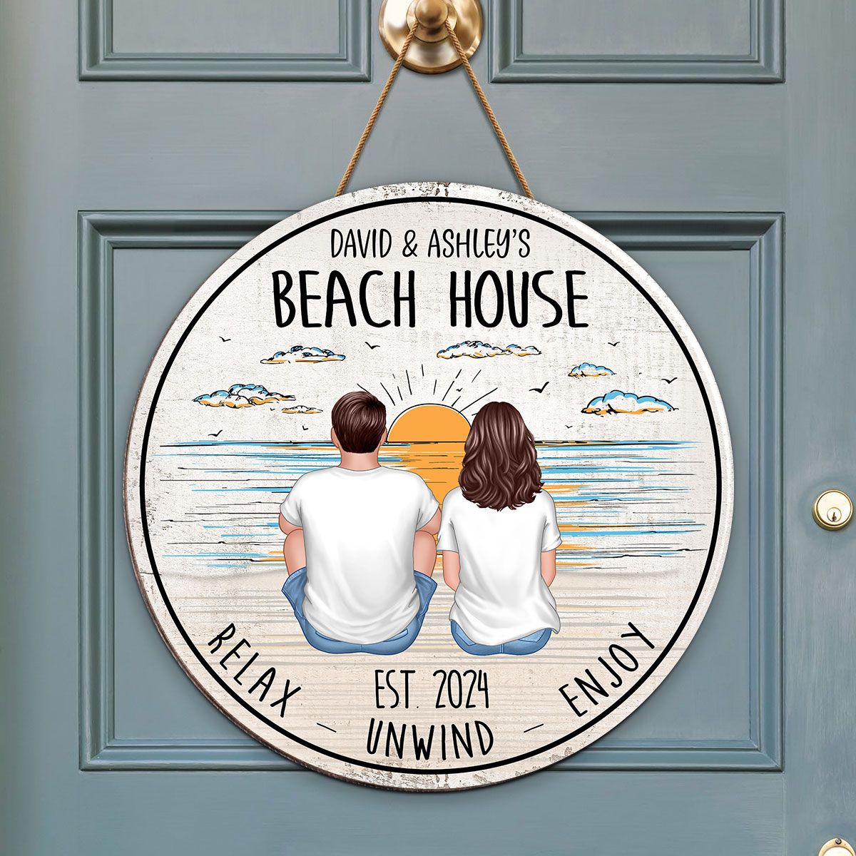 Couple Back View Beach Outline Background Personalized Wood Sign