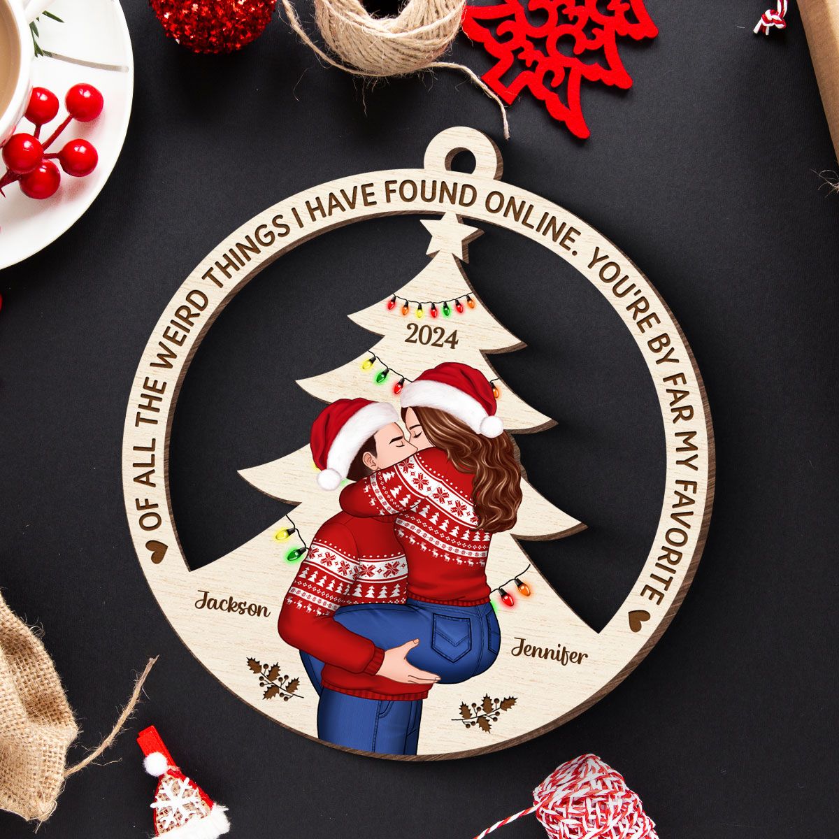 Couple Kissing Christmas Tree Personalized Wooden Ornament, Christmas Gift for Him for Her