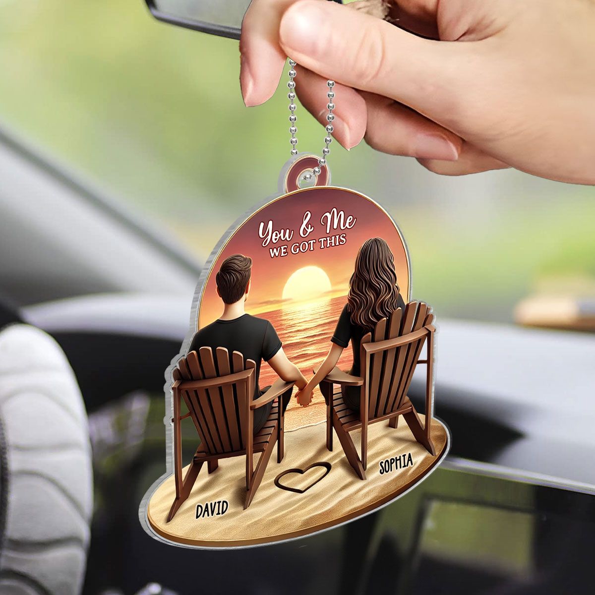 Couple Beach Landscape Retro Vintage Personalized Car Hanger, Anniversary Gift For Couple