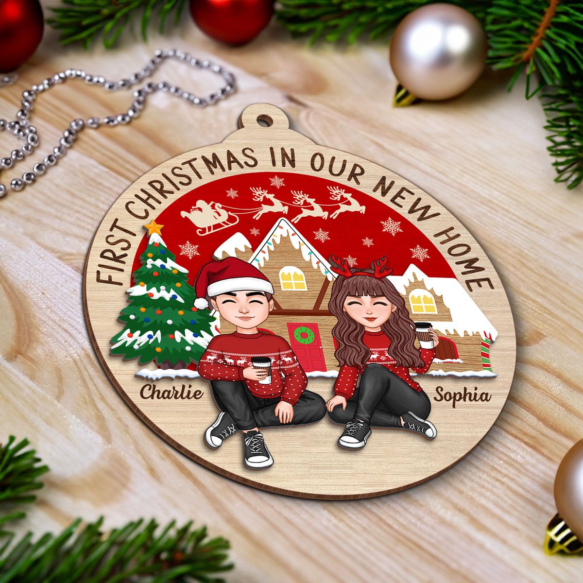 First Christmas In Our New Home Couple Sitting Personalized 2-Layer Ornament