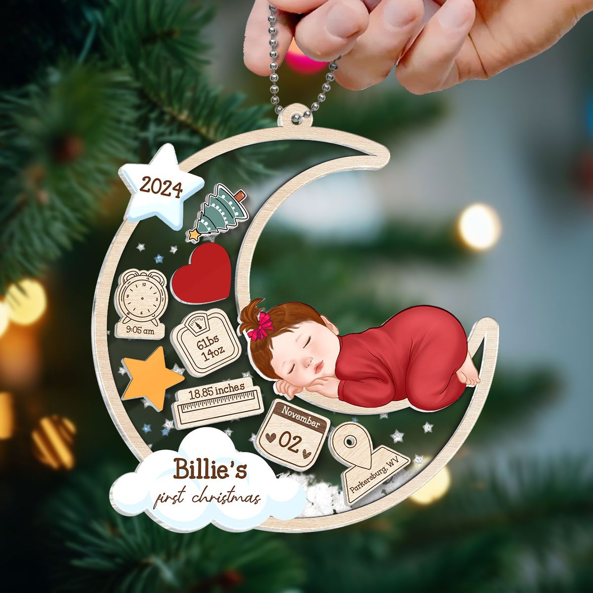 Baby Sleeping On Moon First Christmas Personalized Acylic Ornament, Custom Newborn Gift