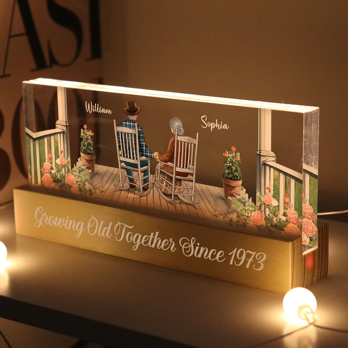 Old Couple Sitting Together On The Porch Personalized Acrylic Block LED Night Light Gift For Him, For Her, Husband, Wife