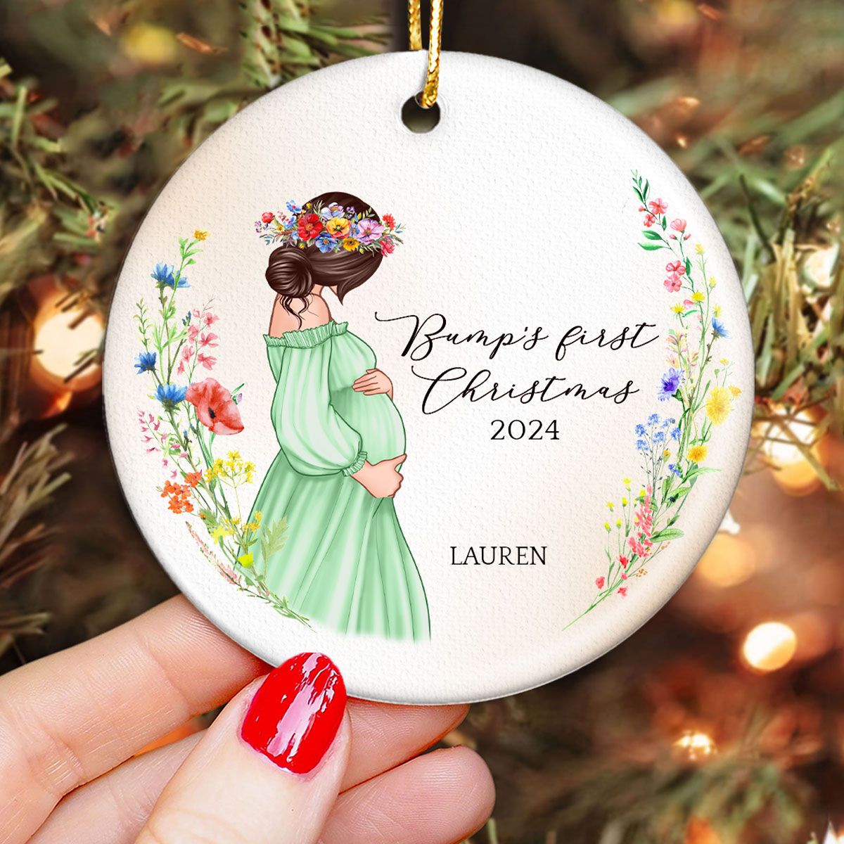 Pregnant Mom Watercolor Wildflowers, Baby Bump's First Christmas, Pregnancy Announcement Personalized Circle Ceramic Ornament