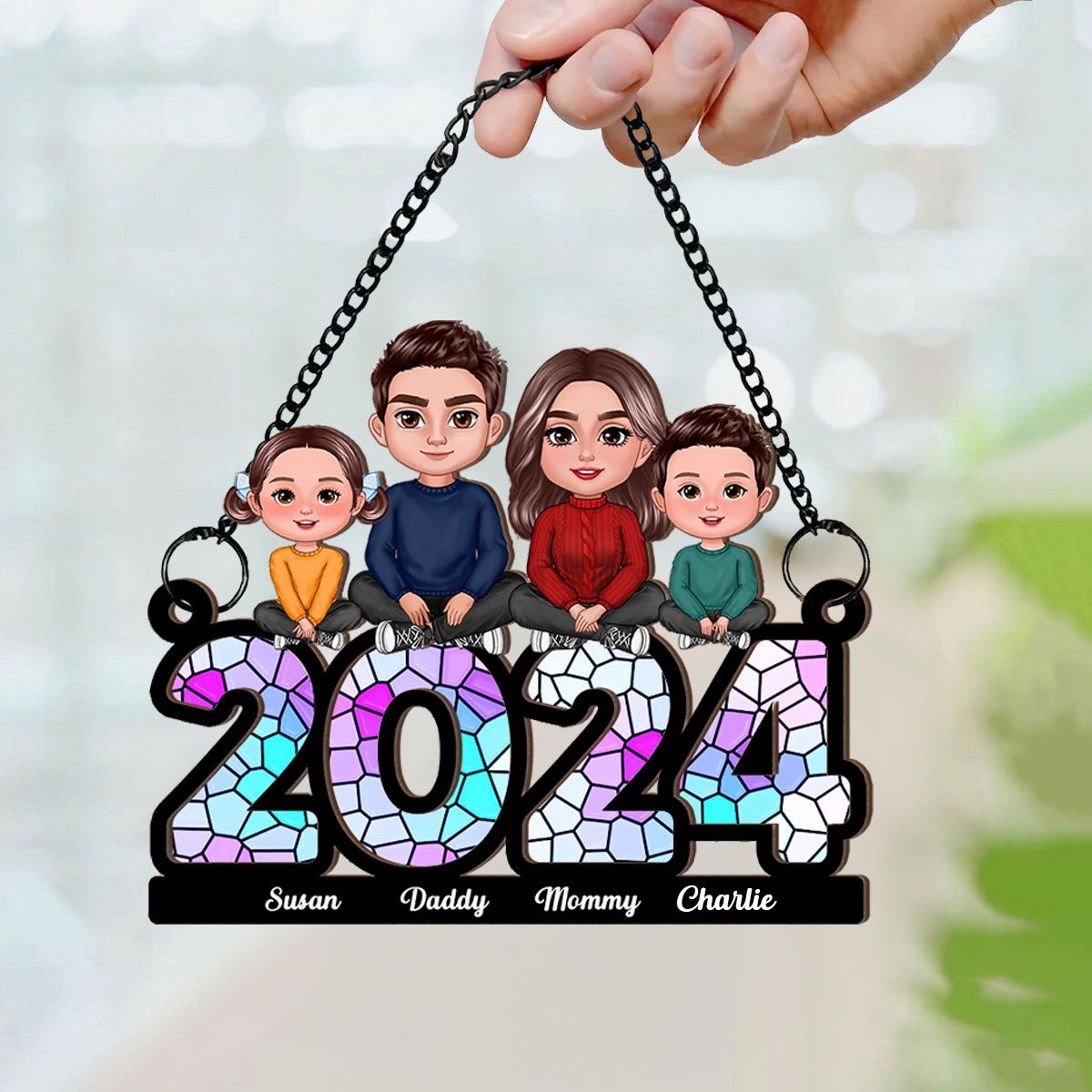 Family Sitting 2024 Personalized Window Hanging Suncatcher Ornament, Christmas Decor