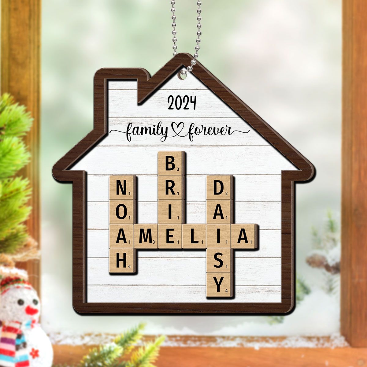 Family Crossword Puzzle Art Personalized House Shaped 2-Layer Wooden Ornament