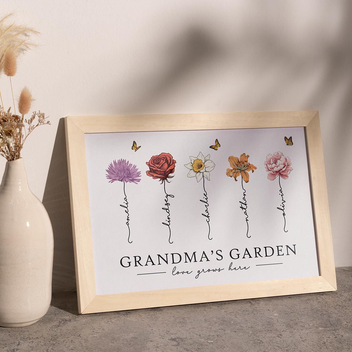 Grandma‘s Garden Love Grows Here Beautiful Birth Month Flower Gift For Grandma Mom Personalized Canvas