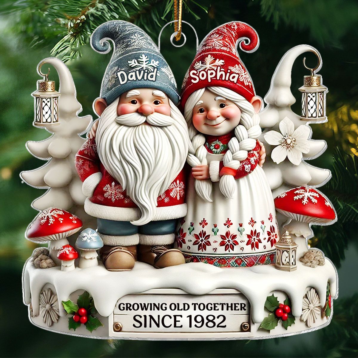 3D Effect Gnome Couple Together Christmas Personalized Flat Acrylic Ornament, Christmas Gift For Him, For Her, Husband, Wife