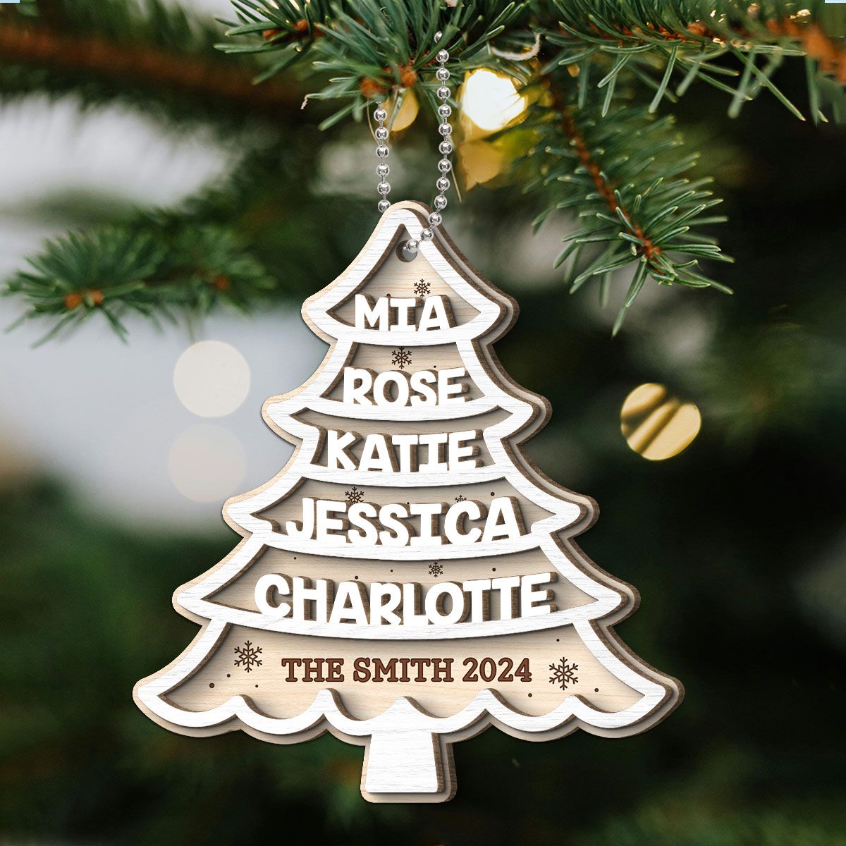 Family Members Names White Christmas Tree Personalized 2-Layer Wooden Ornament