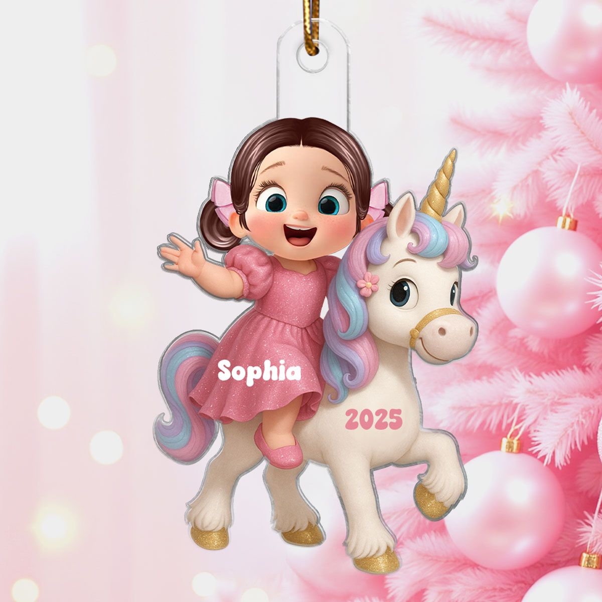 3D Effect Cute Cartoon Kid With Unicorn Christmas Personalized Flat Acrylic Ornament