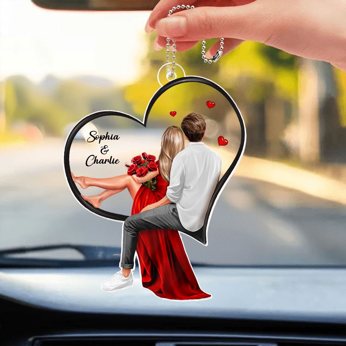 Couple Sitting On Heart Personalized Acrylic Car Hanger, Valentine's Day Gift, Anniversary Gift for Couples