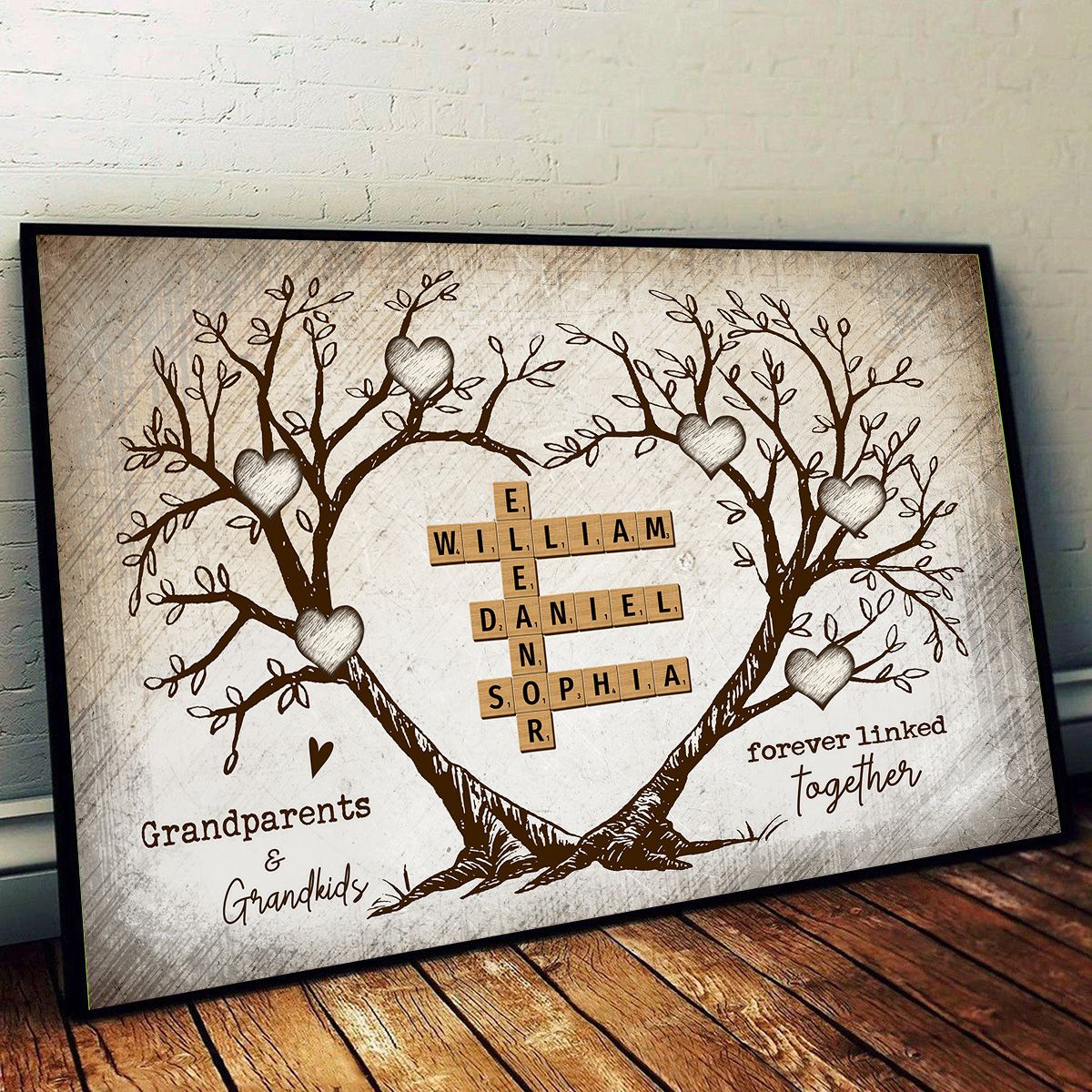 Grandparents & Grandkids Forever Linked Together Heart Tree Puzzle Crossword Art Personalized Canvas, Gift For Grandparents, Grandma, Grandpa