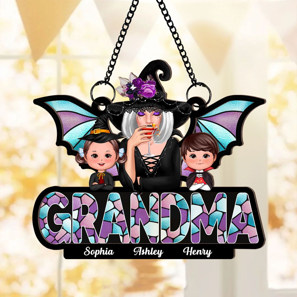 Halloween Grandma And Grandkids On Text Personalized Suncatcher