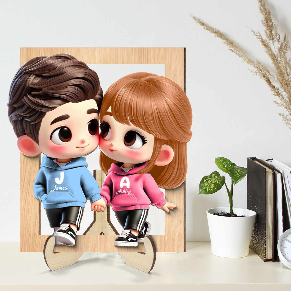 Cute Cartoon Couple Holding Hands Personalized 2-Layered Wooden Plaque, Anniversary & Valentine's Day Gift for him, Gift for her