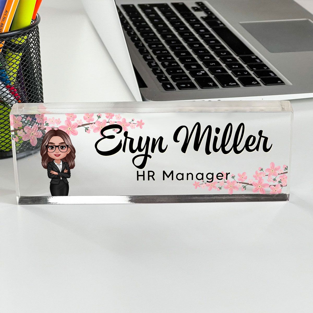 Daisy Flowers Woman Office Personalized Acrylic Desk Name Plate, Office Desk Decor, Gift For Colleagues, Coworkers, Boss, Nurses, Doctors, Healthcare Workers, Police, Firefighters