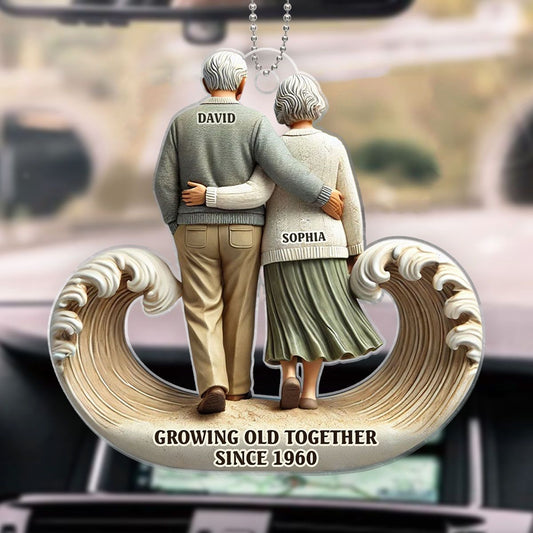 Sea Waves Old Couple Walking Together Personalized Car Hanger Ornament, Heartfelt Gift For Couple, For Him, For Her, Husband, Wife