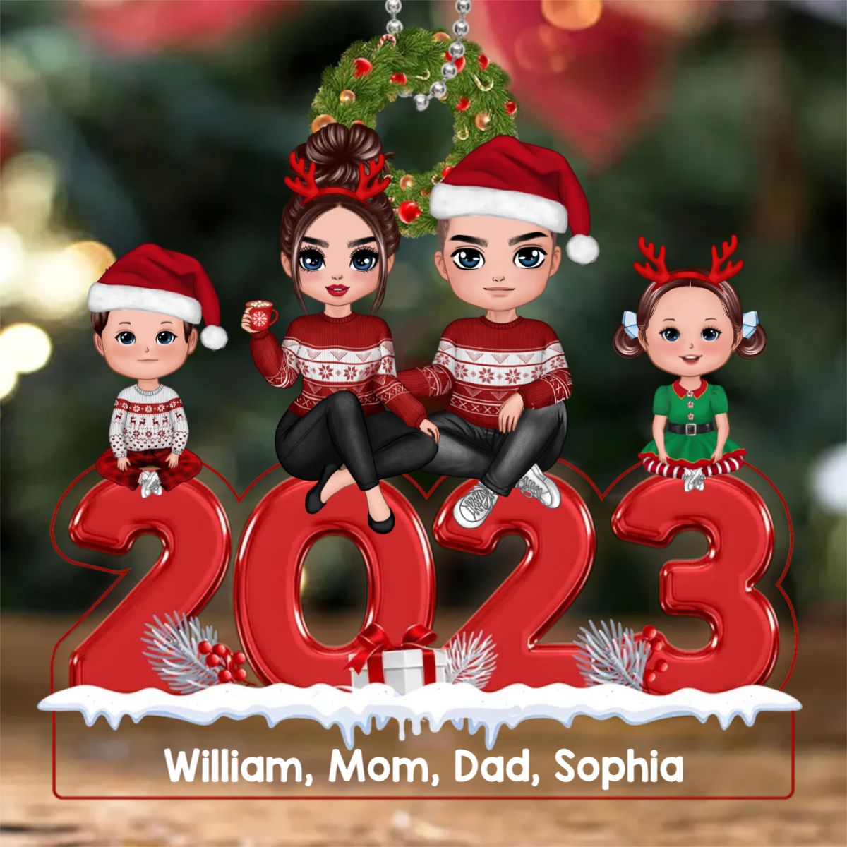 Christmas 2023 Cute Family Dad Mom Kids Sitting Personalized Acrylic Ornament