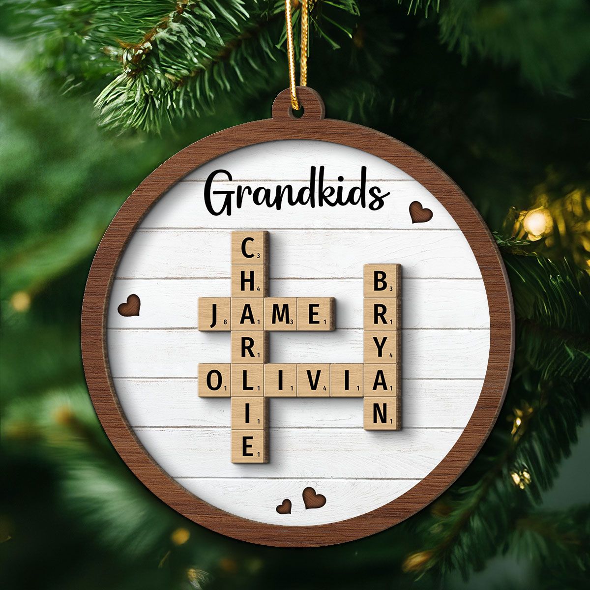 Grandkids Crossword Puzzle Art Personalized 2-Layer Wooden Ornament, Christmas Gift For Grandma, Gift For Mom