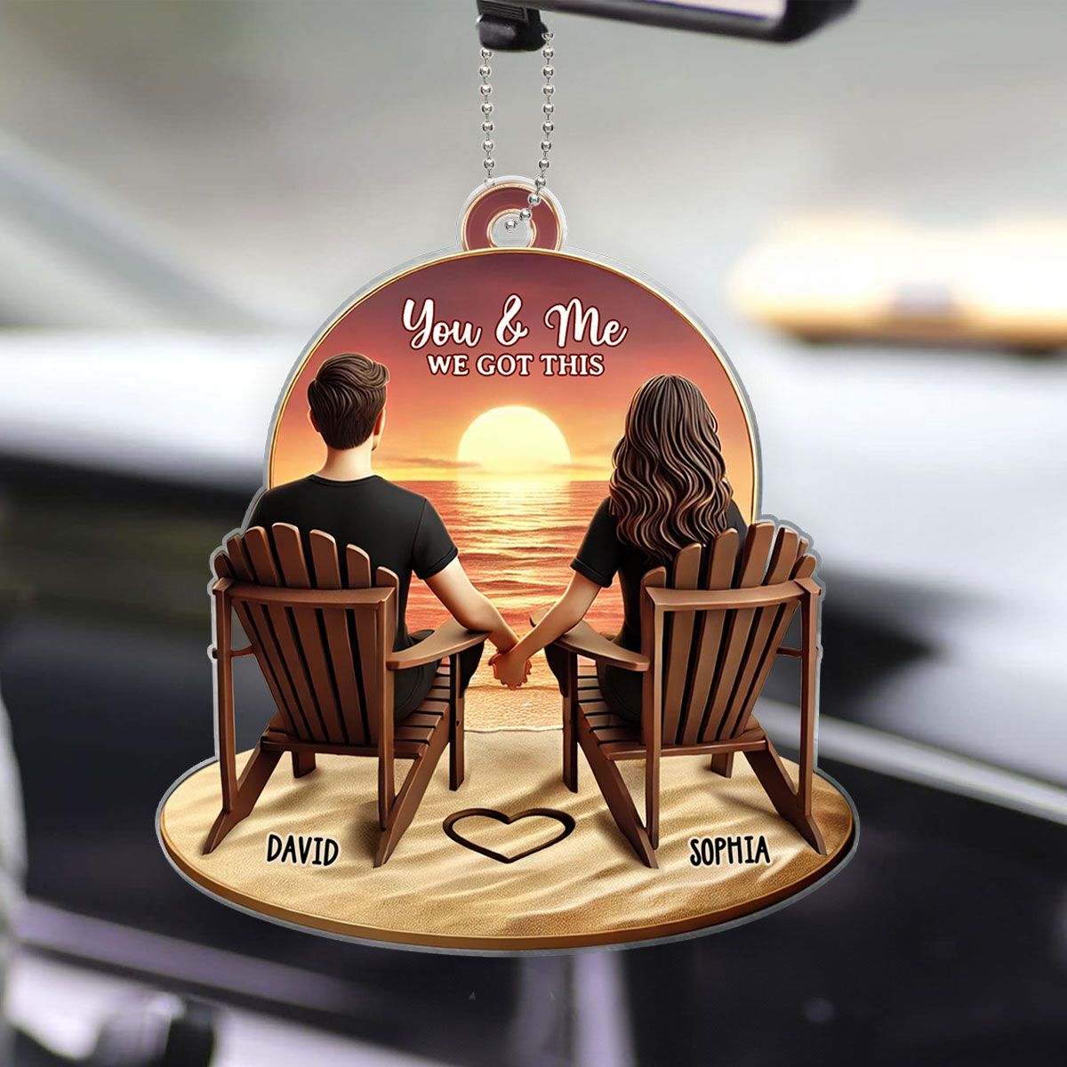 Couple Beach Landscape Retro Vintage Personalized Car Hanger, Anniversary Gift For Couple