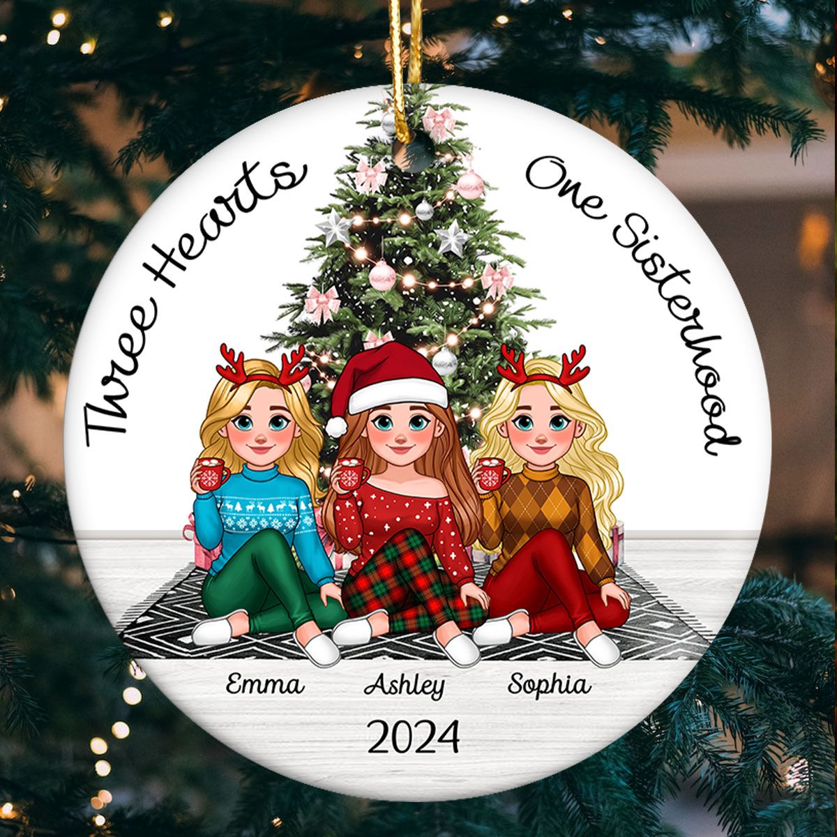 Sisterhood Animated Besties Christmas Personalized Ceramic Ornament