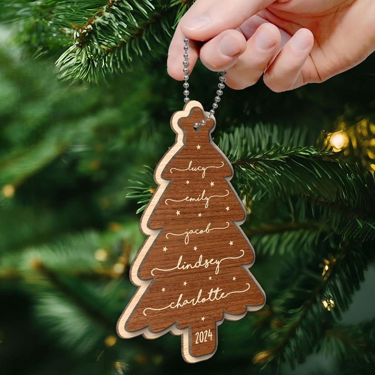 Beautiful Christmas Tree With Family Members Names Personalized 2-Layer Wooden Ornament