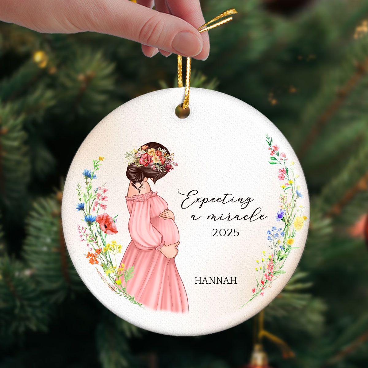 Pregnant Mom Watercolor Wildflowers, Baby Bump's First Christmas, Pregnancy Announcement Personalized Circle Ceramic Ornament