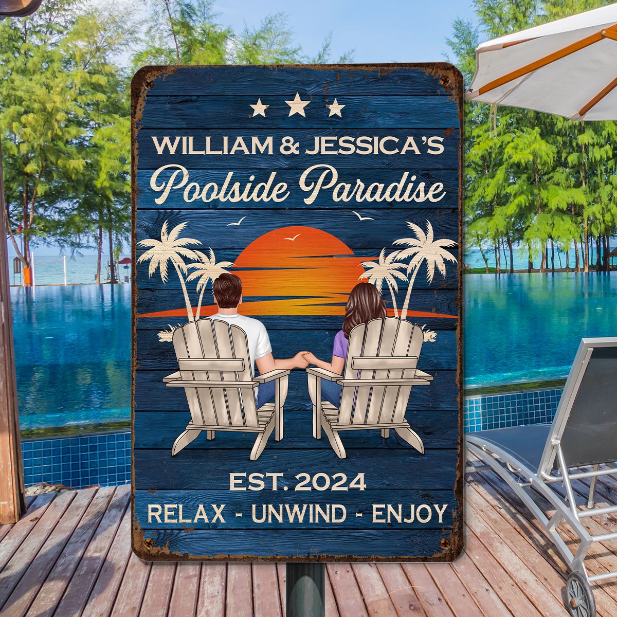 Swimming Pool Zone Decor Couple Sitting Personalized Metal Sign