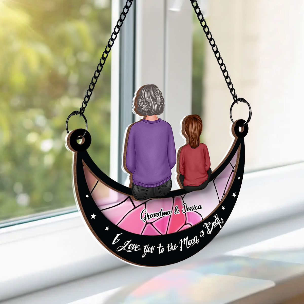 Grandma Grandkid On Moon Personalized Window Hanging Suncatcher Ornament, Christmas Gift For Granddaughter Grandson