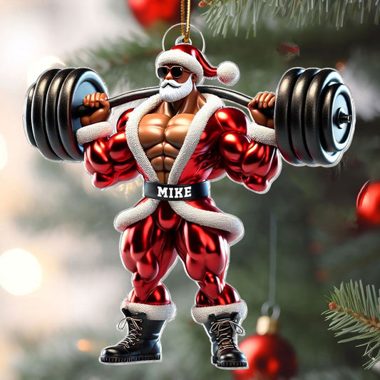 Santa Claus Weightlifting Christmas Personalized Acrylic Ornament, Gym, Bodybuilding, Fitness Christmas Gift