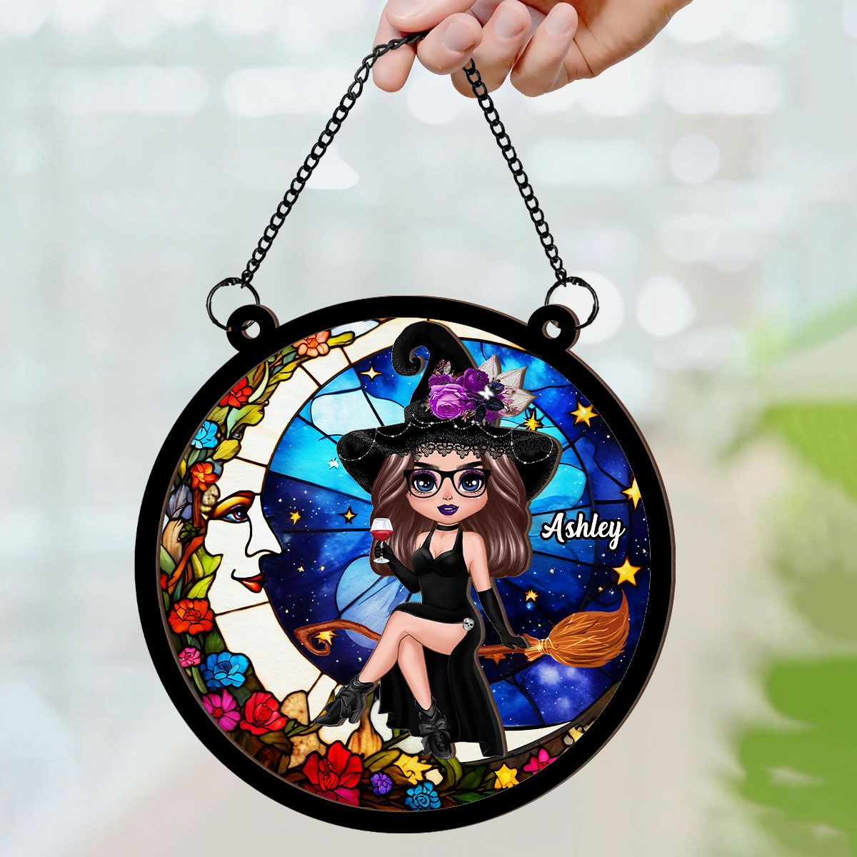 Witch And Moon Personalized Suncatcher, Window Hangings, Halloween Decor, Gift For Witch Lovers