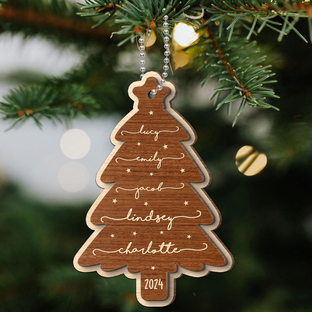 Beautiful Christmas Tree With Family Members Names Personalized 2-Layer Wooden Ornament