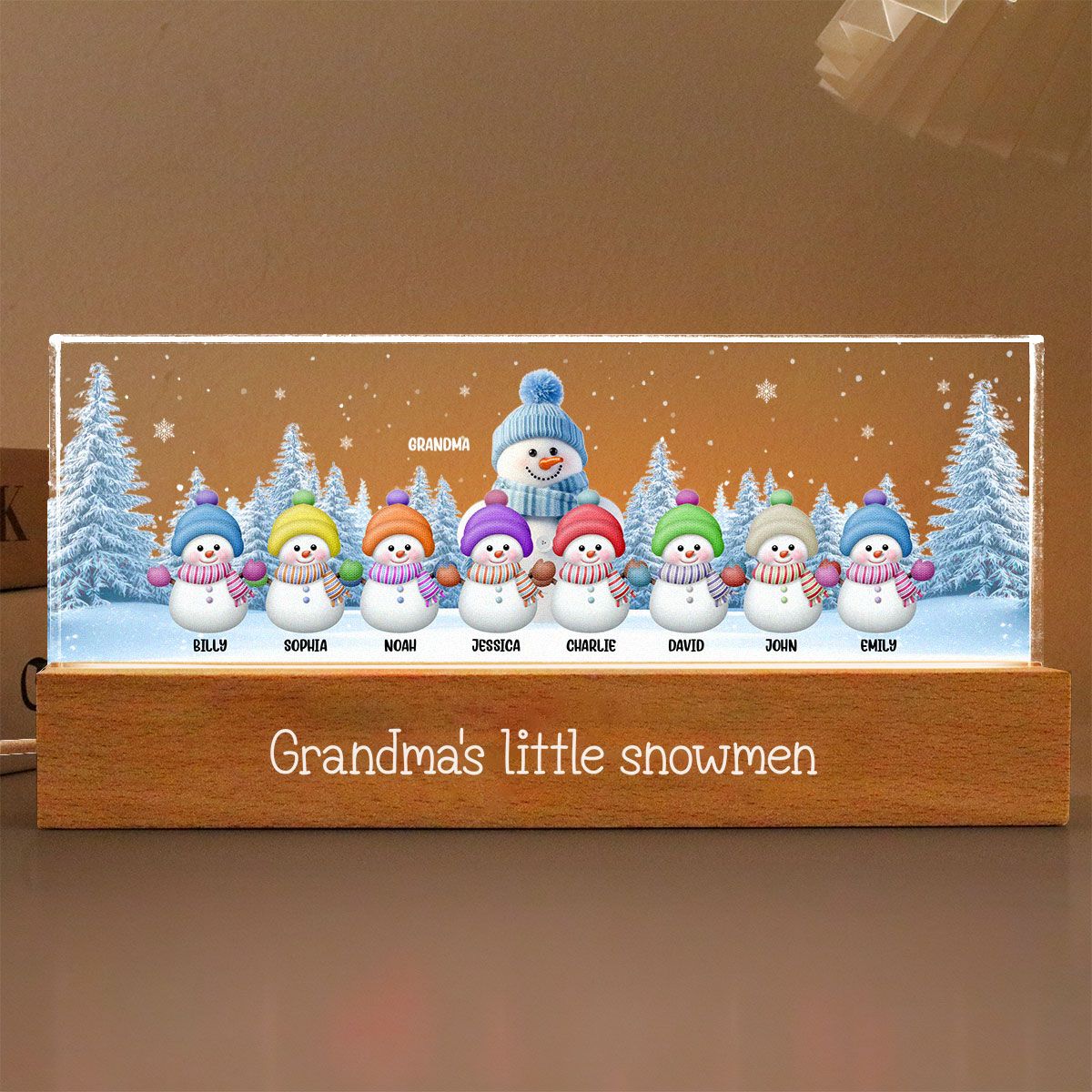 Grandma Grandkids Snowman Personalized Acrylic Block LED Night Light, Christmas Gift for Grandma