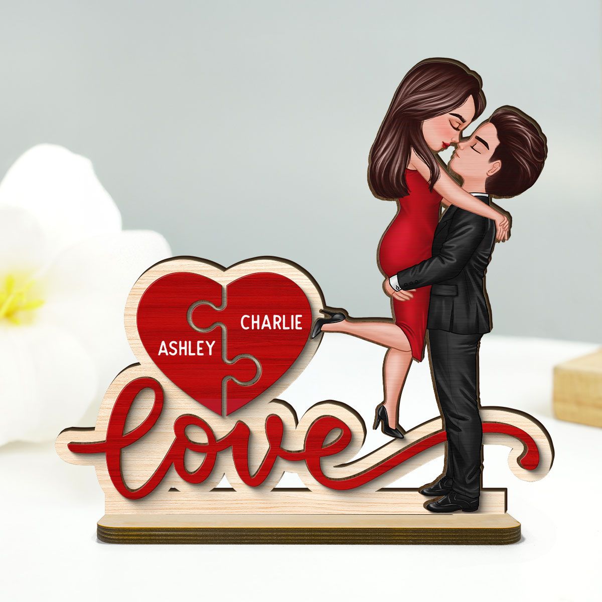 Couple Hugging Kissing Love Missing Piece Personalized 2-Layer Standing Wooden Plaque, Valentine's Day Gift For Him or Her