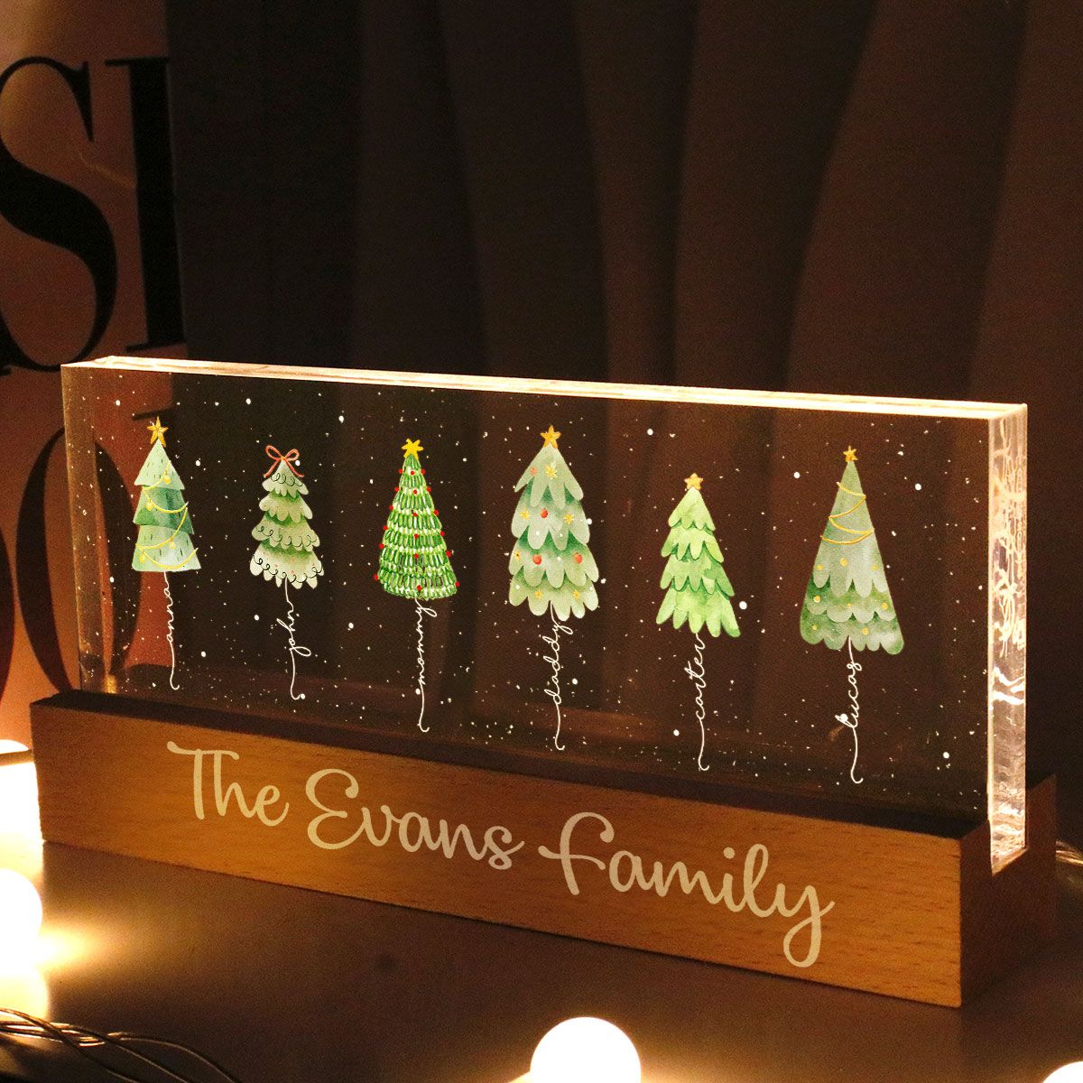 Christmas Tree Family Names Personalized Acrylic Block LED Night Light