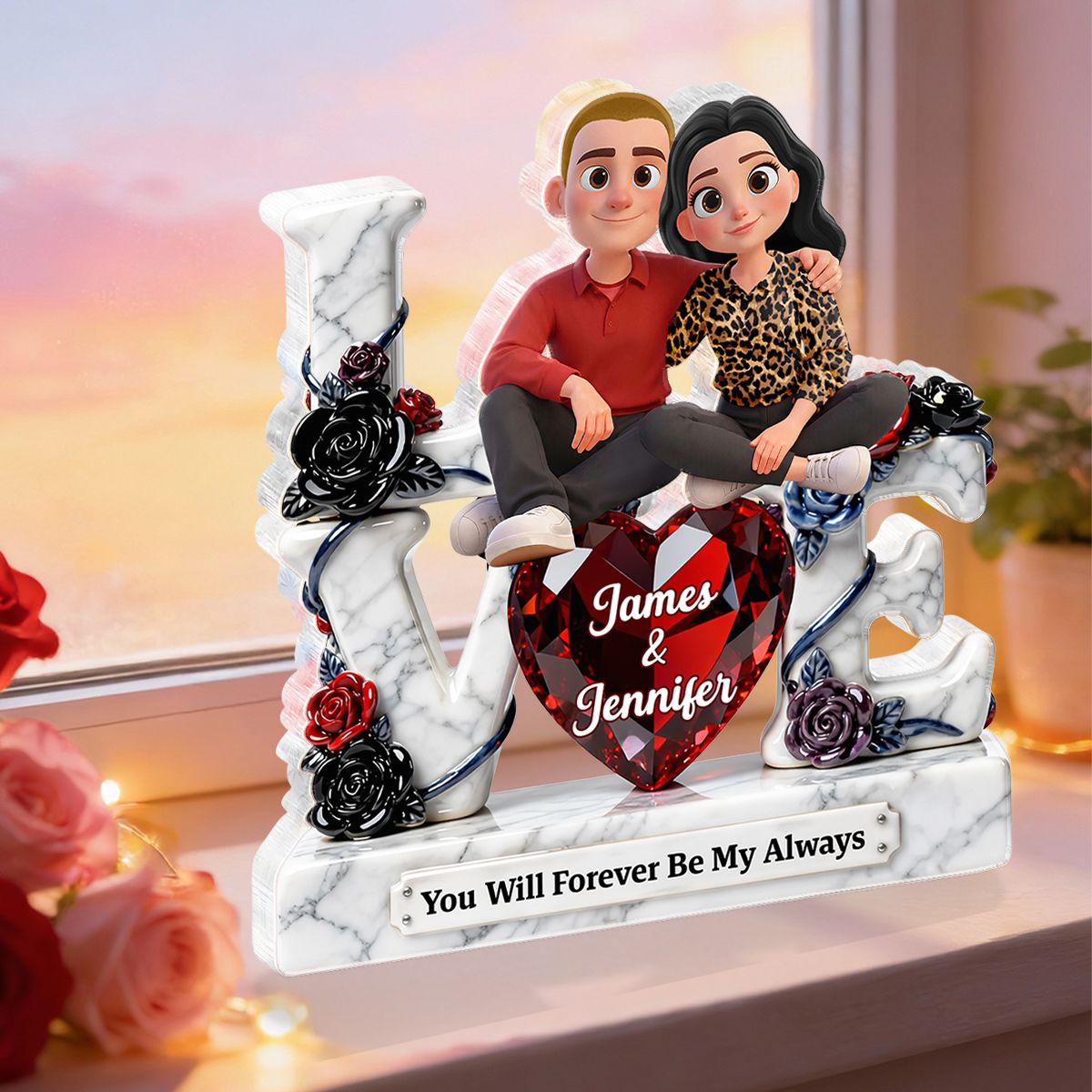 Couple Sitting on Love Marble Pattern - Personalized Acrylic Block Plaque - Heartfelt Valentine's Day Gift for Her, for Him