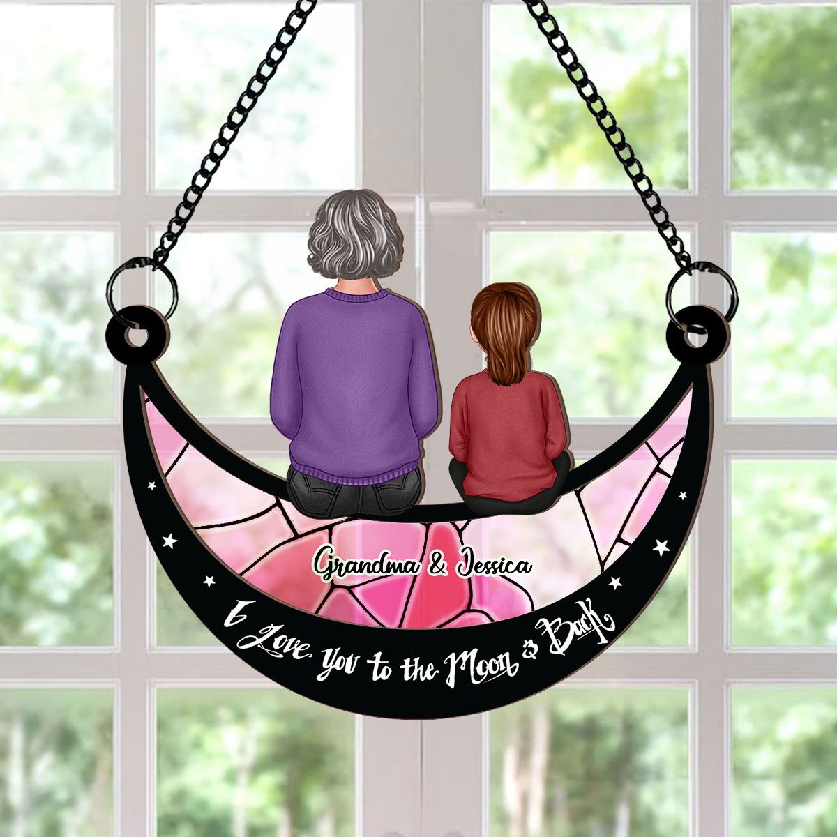 Grandma Grandkid On Moon Personalized Window Hanging Suncatcher Ornament, Christmas Gift For Granddaughter Grandson