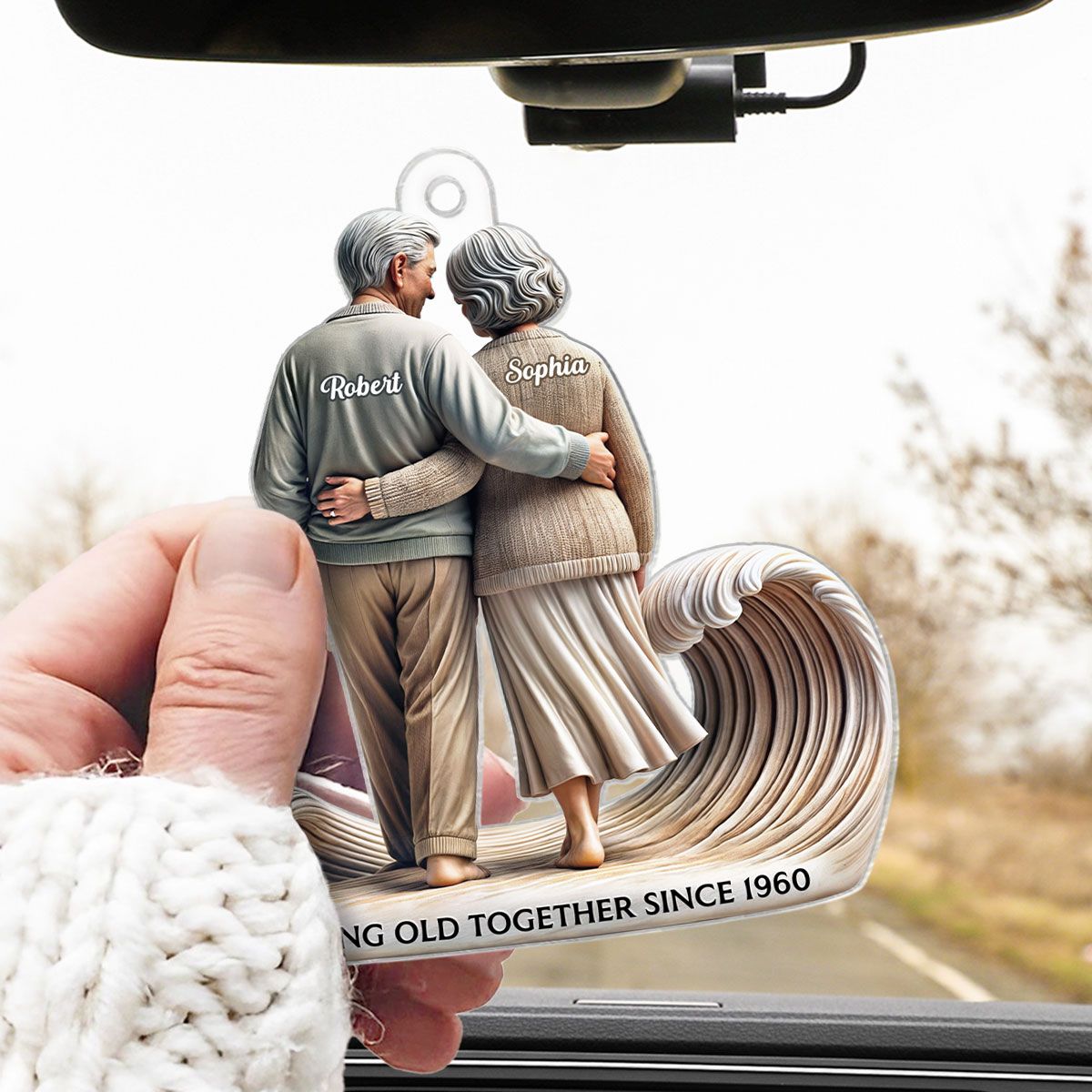 Old Couple Embracing Walking Together On The Beach Personalized Car Hanger Ornament, Heartfelt Gift For Couple, For Him, For Her, Husband, Wife