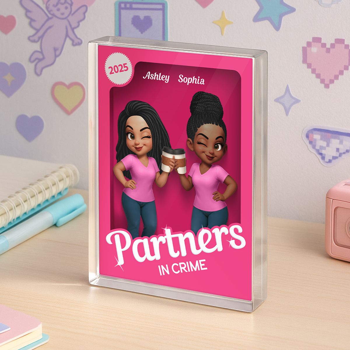Besties Forever Pink Action Figure 3D Effect Personalized Acrylic Block, Meaningful Gift For Best Friend