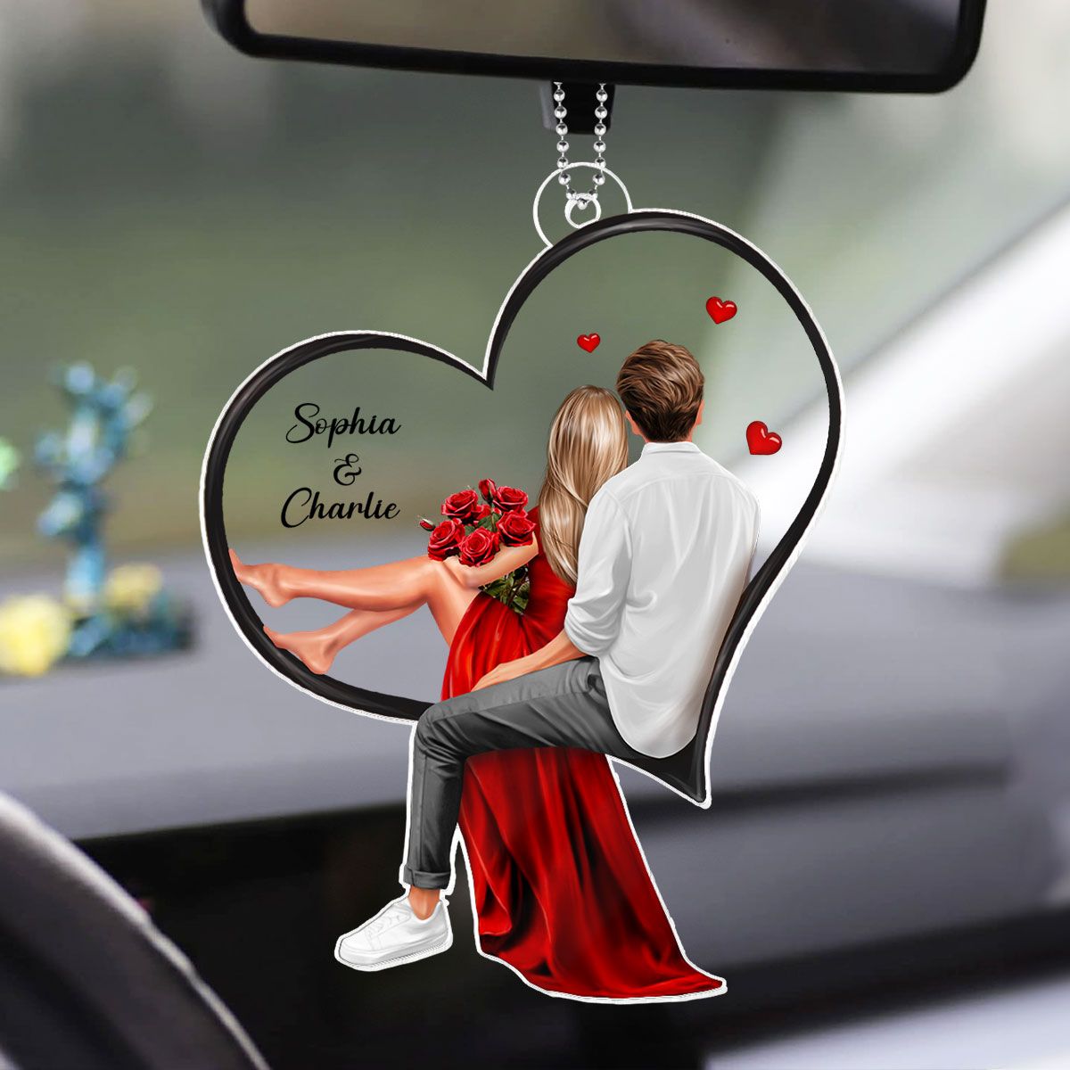 Couple Sitting On Heart Personalized Acrylic Car Hanger, Valentine's Day Gift, Anniversary Gift for Couples