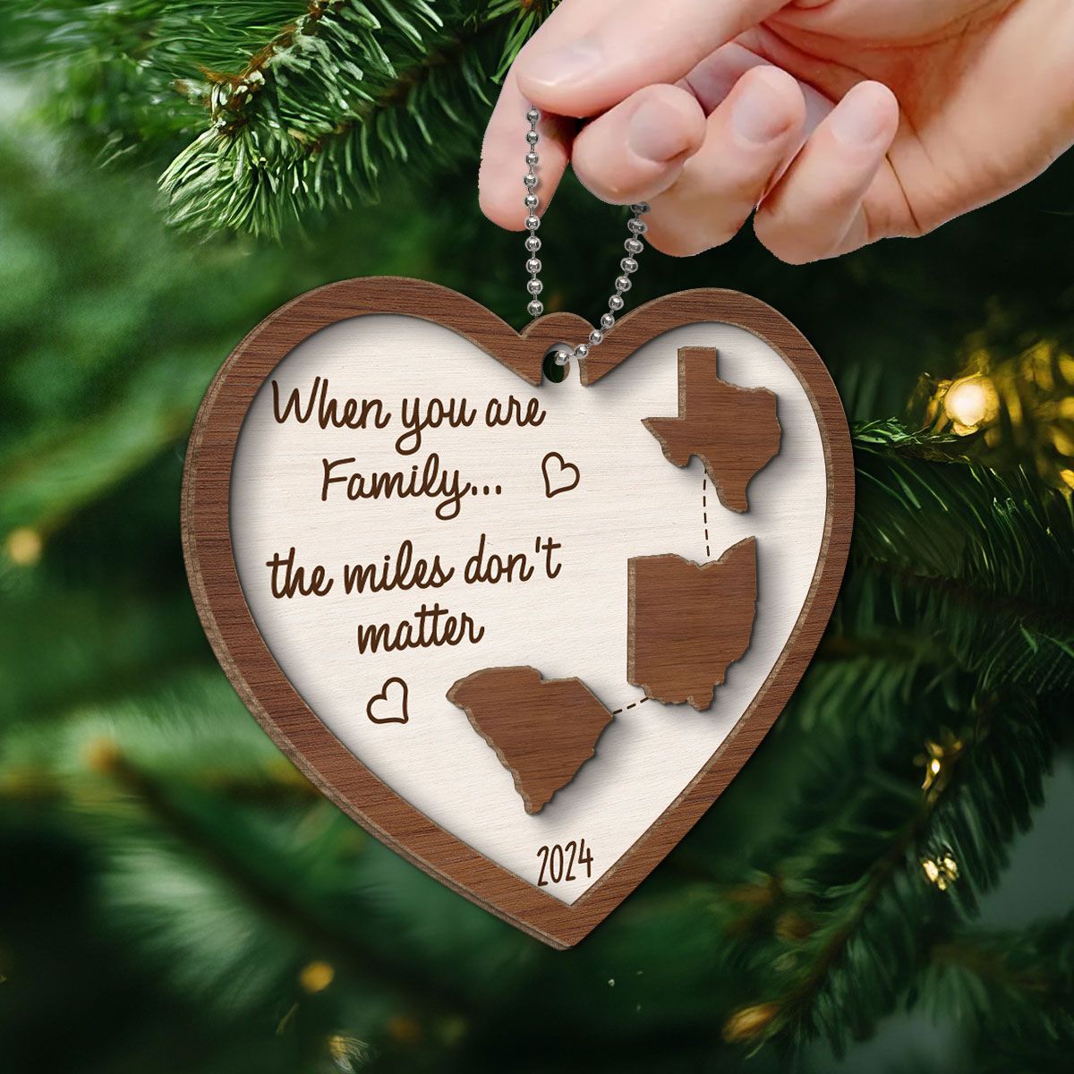 Miles Apart Long Distance Family Friendship State Map Personalized 2-Layer Wooden Ornament, Togetherness Keepsake