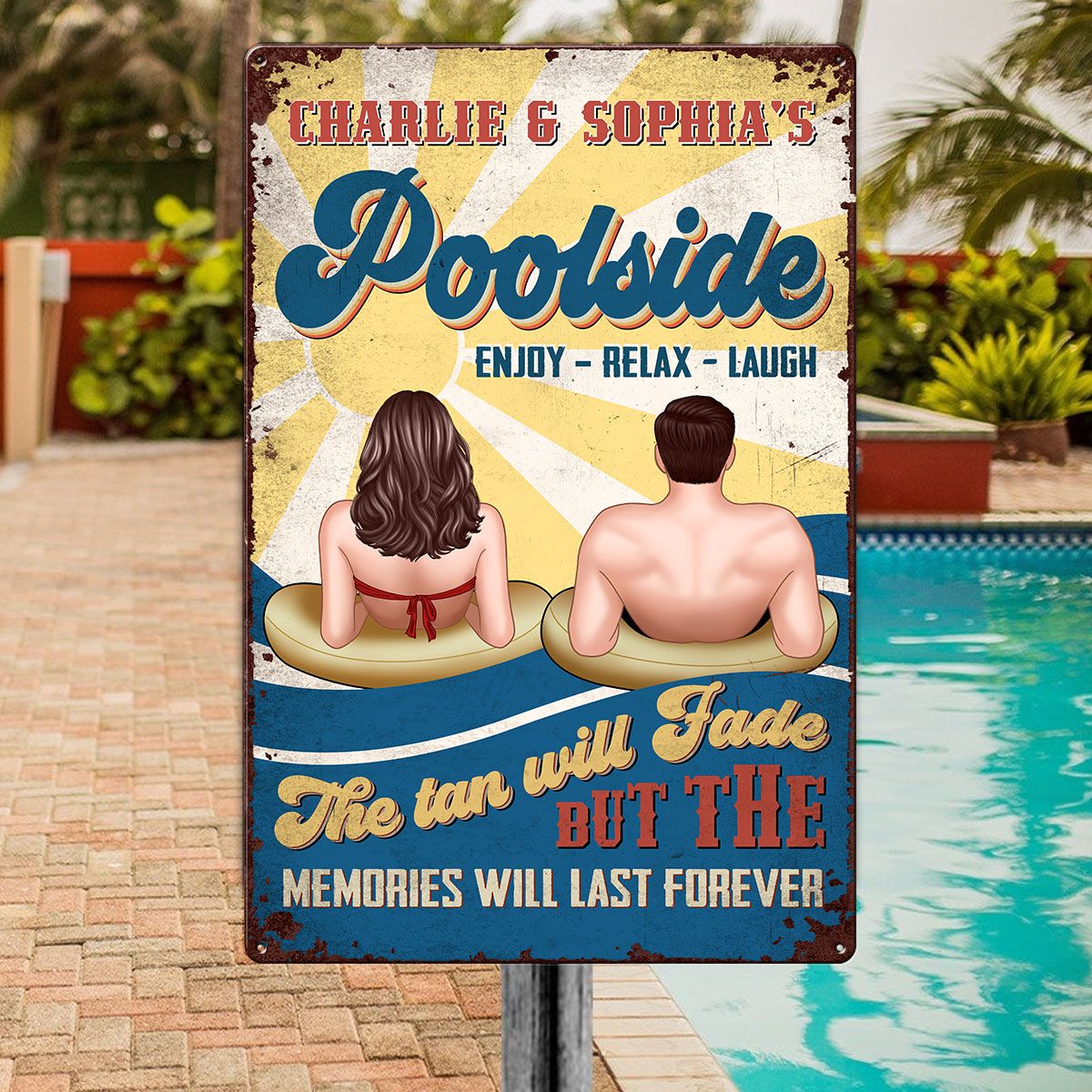 Couple Poolside Enjoy Relax Laugh Personalized Metal Sign