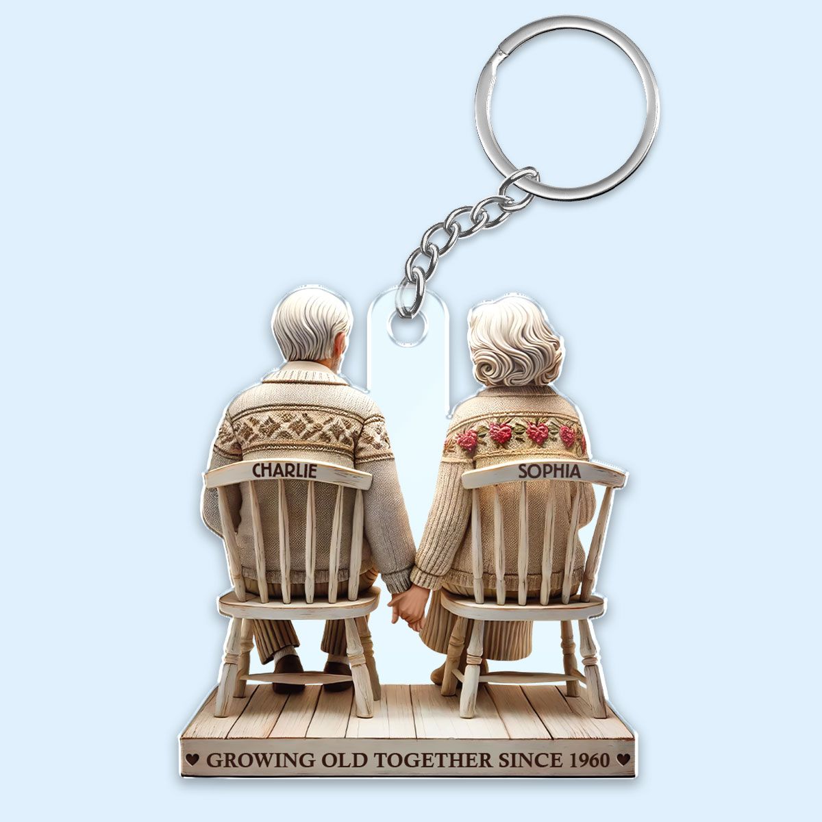 Old Couple Holding Hands Sitting Together Personalized Keychain, Heartfelt Gift For Couple, For Him, For Her, Husband, Wife